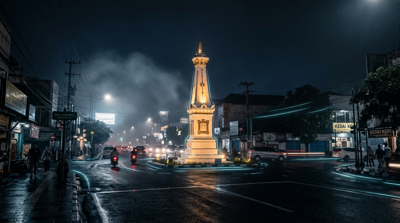 Landmark Tugu Yogyakarta bernuansa Cyber Noir